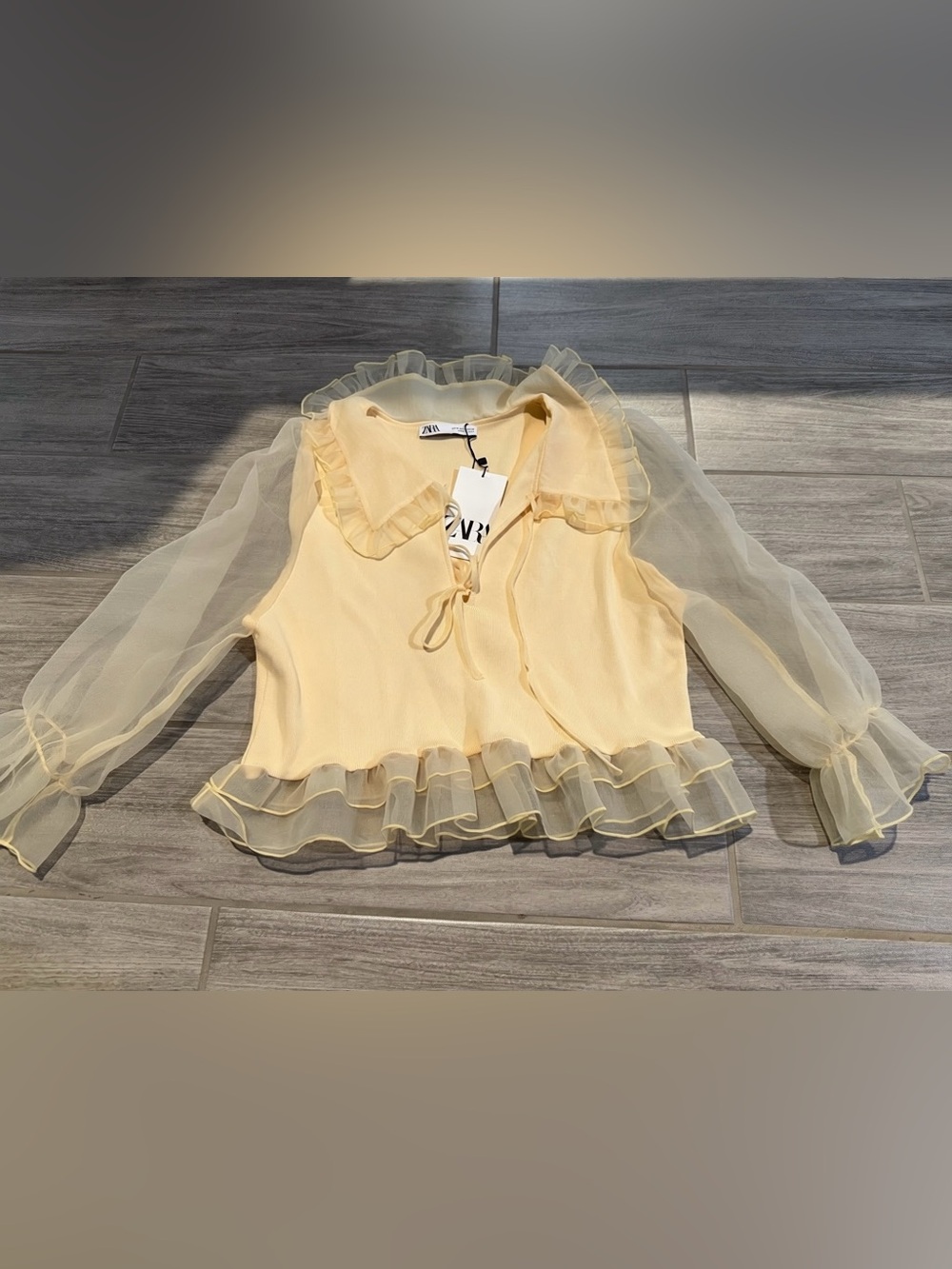 Zara Pale Yellow Sheer Ruffle-Trim Blouse